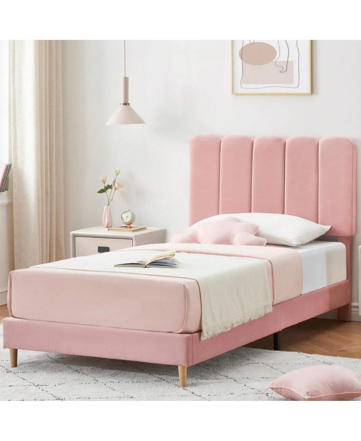 gaomon Twin Bed Frame For Girls, Velvet Upholstered With Headboard, No Box Spring Needed, Wooden Slats Support, Easy Assembly
