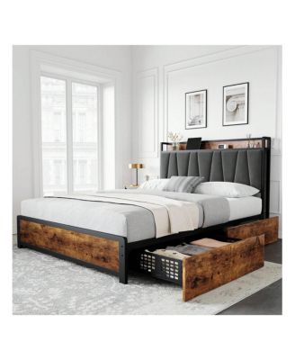 Bed Frame With 4 Storage Drawers And Linen Upholstered Headboard,Platform Bed Frame With Charging Station, No Box Spring Needed, Easy Assembly, Vintage Brown