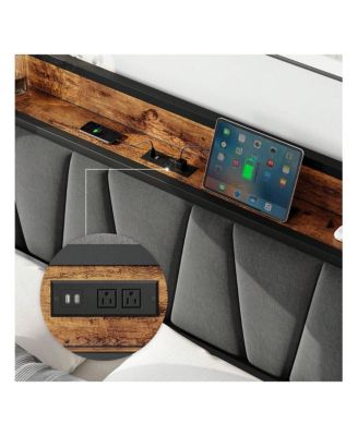 Bed Frame With 4 Storage Drawers And Linen Upholstered Headboard,Platform Bed Frame With Charging Station, No Box Spring Needed, Easy Assembly, Vintage Brown