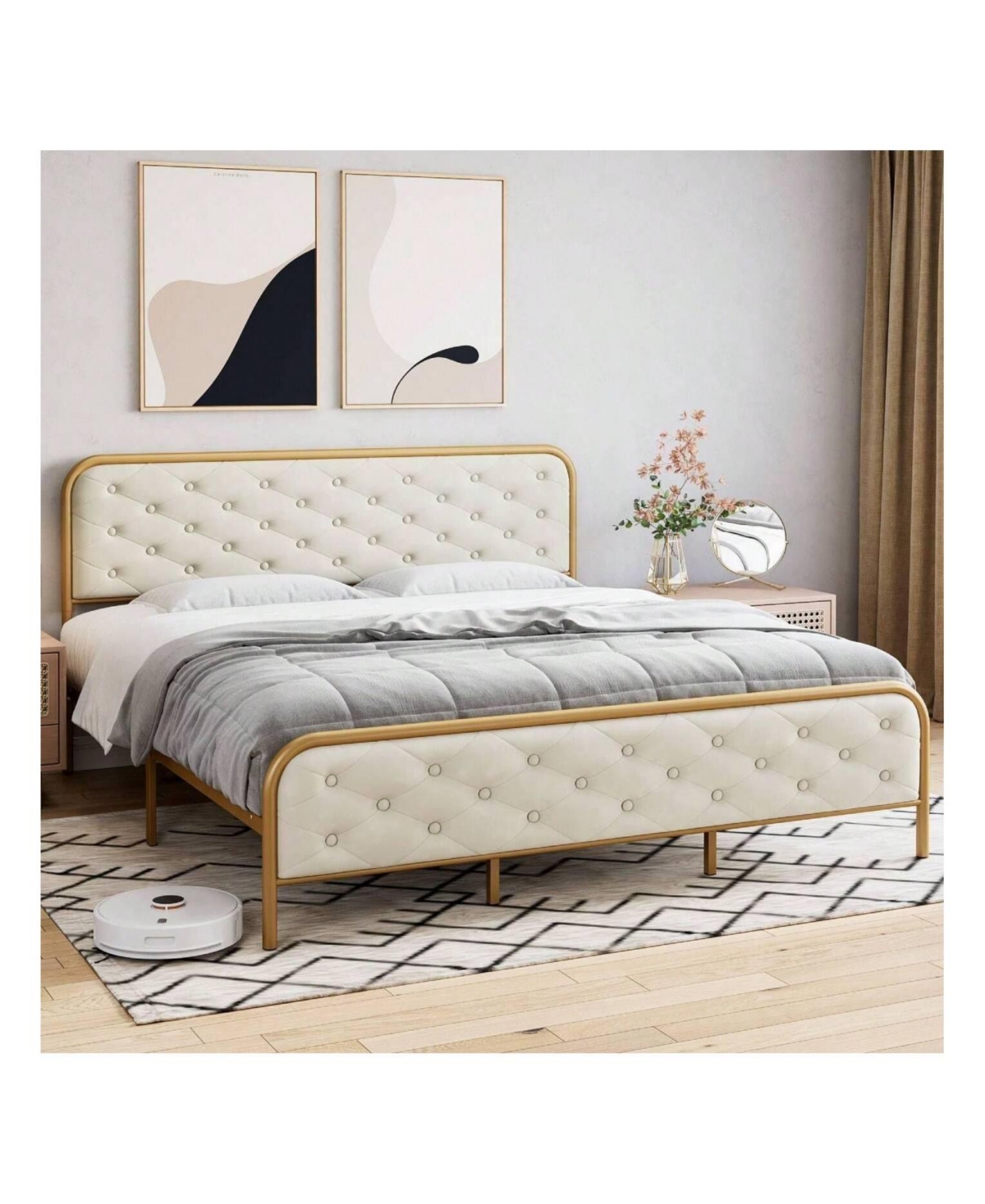 Gaomon Full/Queen/King Size Upholstered Bed Frame, Velvet Upholstery, Button Tufted Curved Headboard, Sturdy Metal Slats, Noise-Free Platform Bed