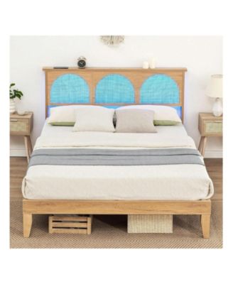 Full/Queen Bed Frame With Rattan Headboard, Boho Cane Platform Bed Frame With LED Lights, Solid Wood Foundation With Wood Slat Support/No Box Spring Needed/Easy Assembly/Noise-Free