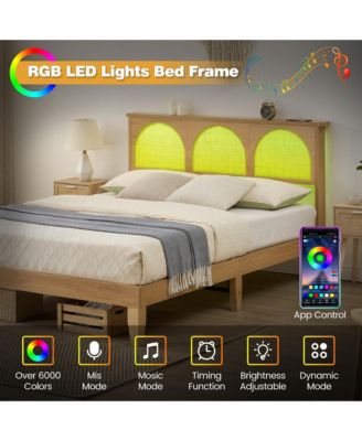 Full/Queen Bed Frame With Rattan Headboard, Boho Cane Platform Bed Frame With LED Lights, Solid Wood Foundation With Wood Slat Support/No Box Spring Needed/Easy Assembly/Noise-Free