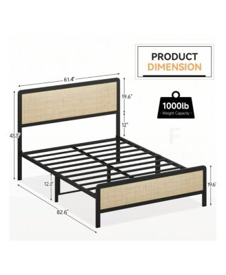 Bed Frame, Metal Bed Frame With Rattan Headboard And Footboard, Platform Bed Frame With Safe Rounded Corners, Under Bed Storage, Strong Metal Slat Support, No Box Spring Needed