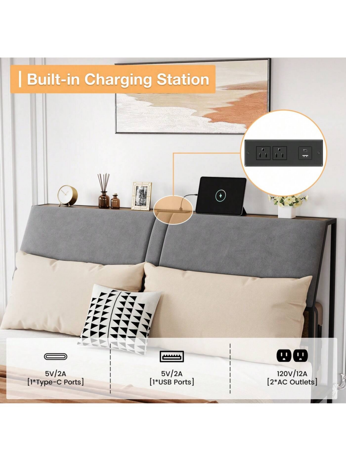 gaomon Bed Frame With Charging Station And 4 Storage Drawers, Metal Platform Bed With Ergonomic Large Storage Headboard, Noise-Free, No Box Sprin
