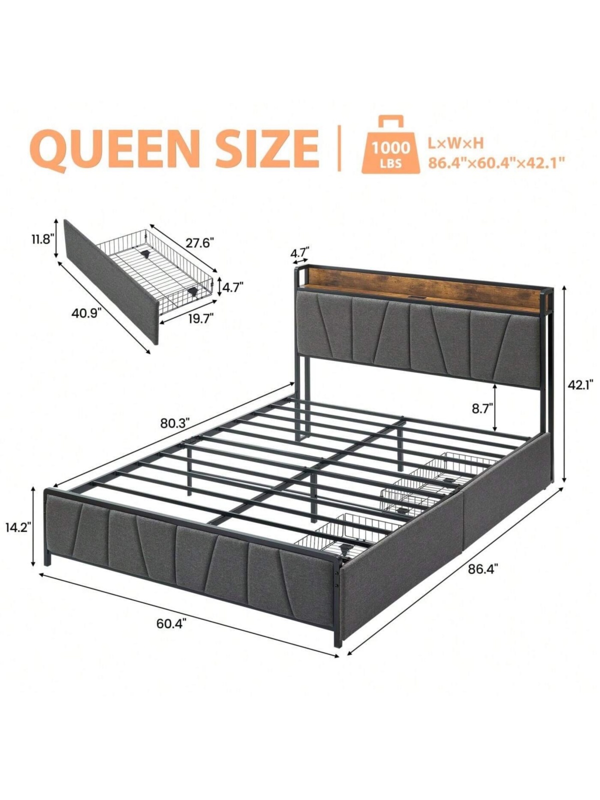 gaomon Bed Frame With Storage Headboard And 2 Drawers, Linen Upholstered Platform Bed Frame With Charging Station, Heavy Duty, No Box Spring Needed