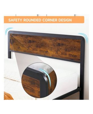 Queen/King Size Metal Bed Frame with 2 Storage Drawers, Open Shelf, Wooden Headboard, Metal Slats Support, Platform Bed Frame