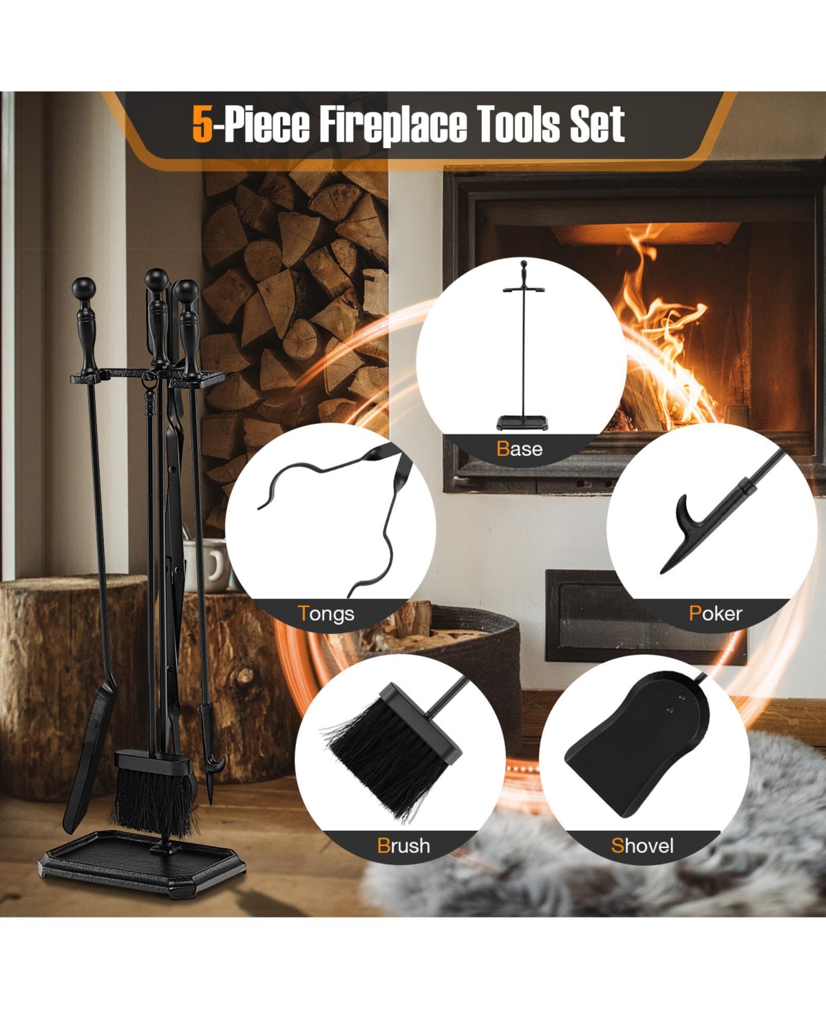 Gouun 5-Piece Fireplace Tool Set with Tong Brush Shovel Poker Stand-Black