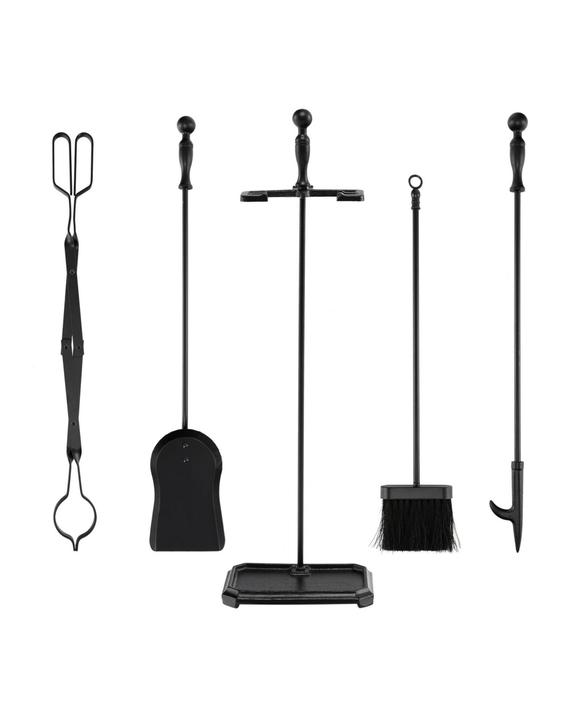 Gouun 5-Piece Fireplace Tool Set with Tong Brush Shovel Poker Stand-Black