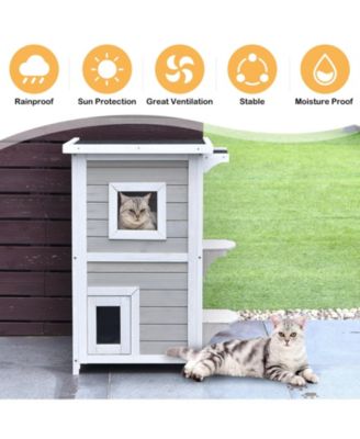 2-Story Wooden Cat House with Escape Door Rainproof