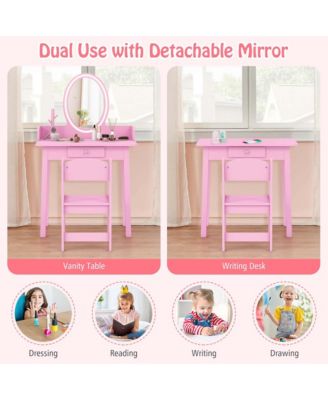 Kids Vanity Set with Lighted Mirror Chair 2-Color LED Lighting for Girls Makeup