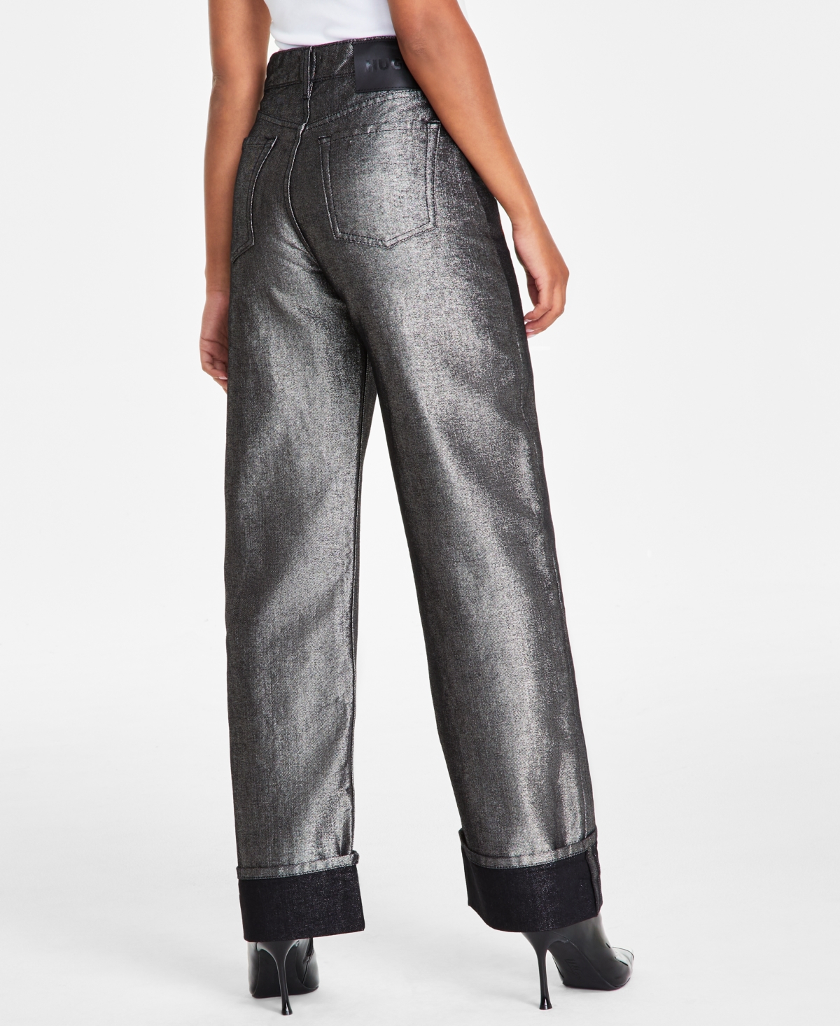 HUGO BOSS WOMEN'S METALLIC DENIM CUFFED STRAIGHT-LEG JEANS 