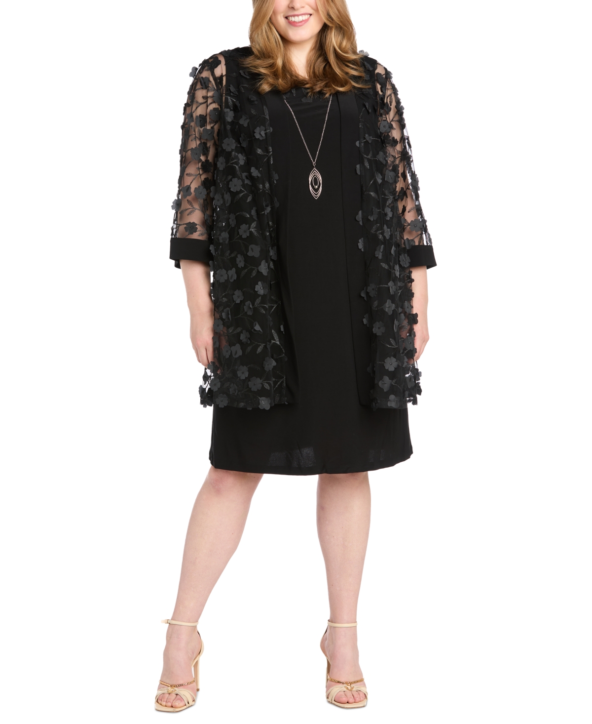 R & M Richards Plus Size 3D Floral Mesh Jacket & Necklace Dress Set