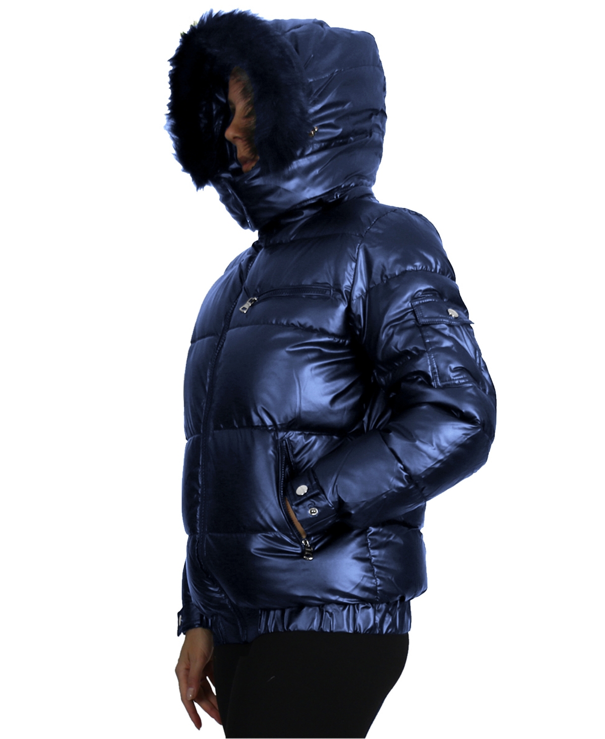 Galaxy By Harvic Women's Full Zip Heavyweight Bubble Jacket With Detachable Faux Fur Hood In Blue