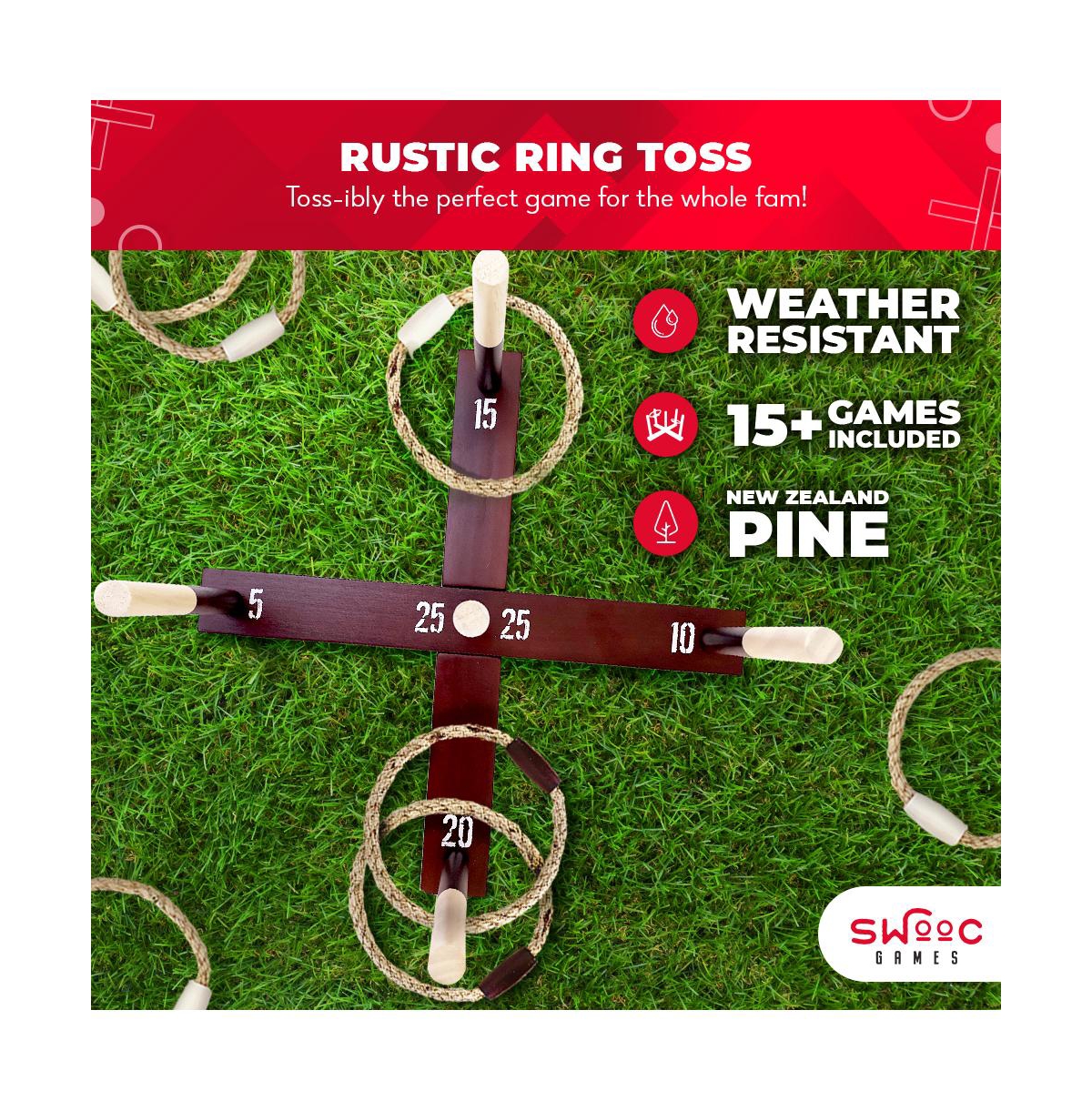 Swooc Rustic Ring Toss Outdoor Game (All Weather) - 15+ Games Included - Vintage Wood & Rope Ring Toss Yard Game - Toss Game