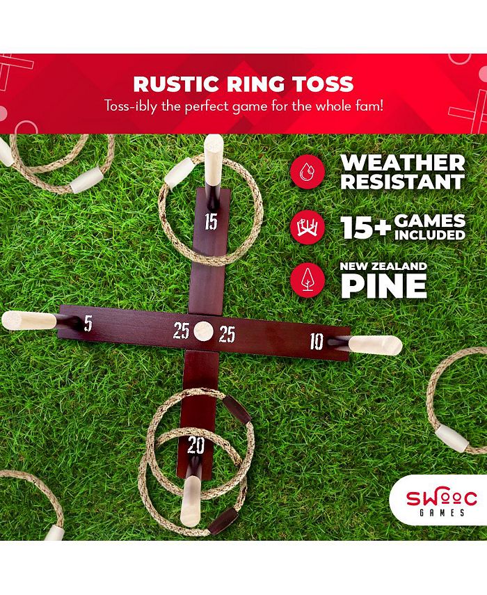SWOOC Rustic Ring Toss Outdoor Game (All Weather) - 15  Games Included - Vintage Wood & Rope Ring Toss Yard Game - Toss Game - Brown - Medium