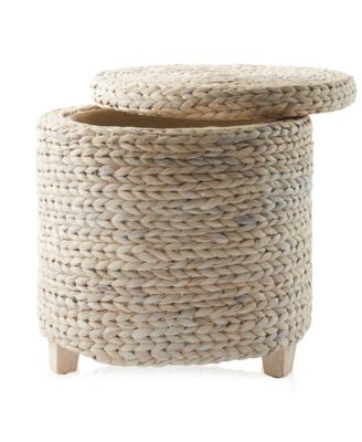 17&amp;#x22; Round Storage Ottoman with Lid - Whitewash, Handwoven Footstool for Living Room, Bedroom, Bathroom, Home Office