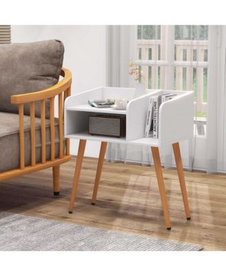 Mid Century Modern End Table with Open Shelves Metal Support Legs for Bedroom