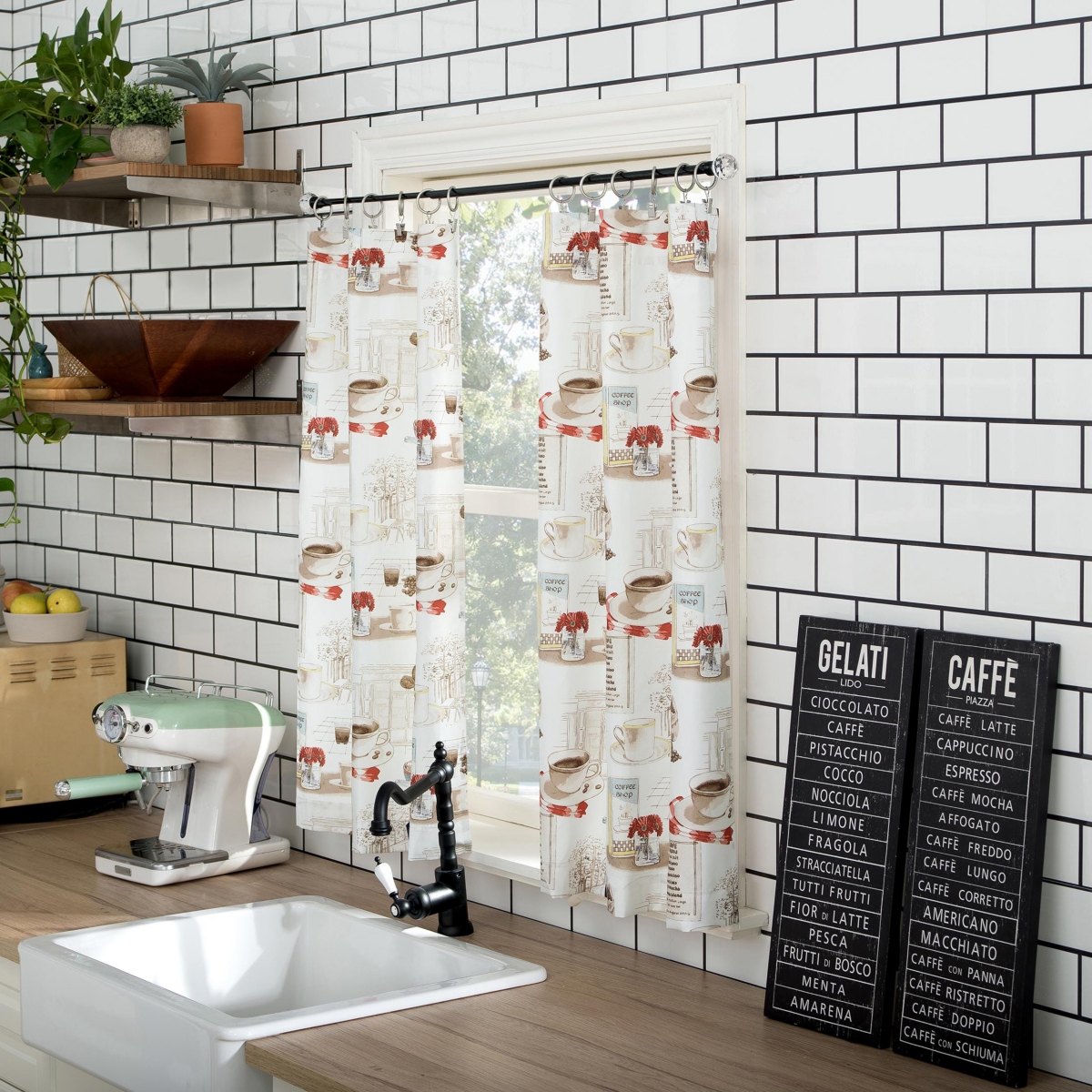 Brew Coffee Shop Semi-Sheer Rod Pocket Kitchen Curtain Valance and Tiers Set