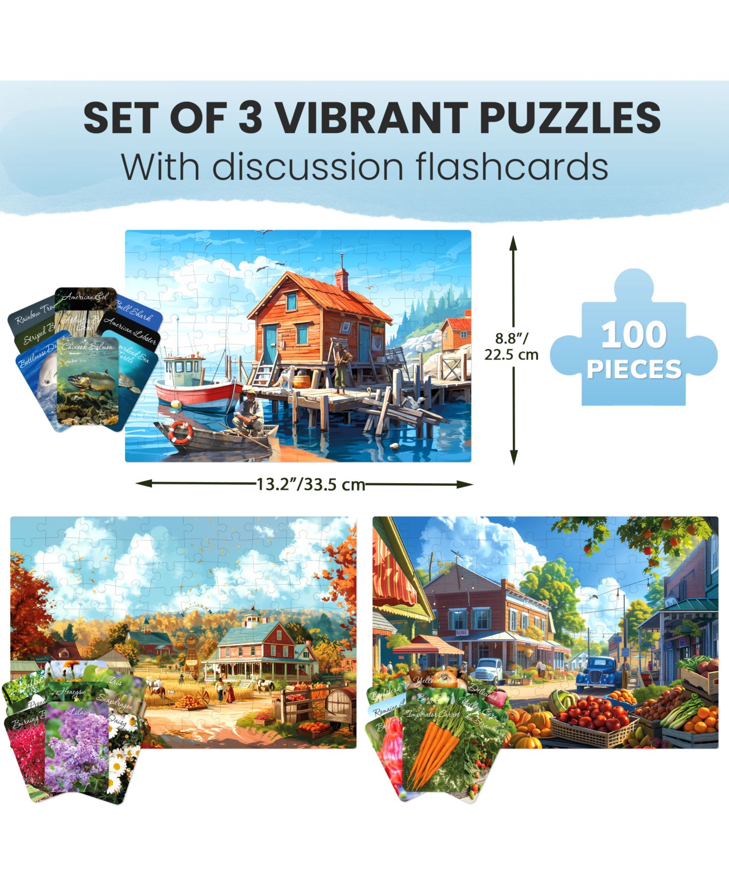 Детские игрушки Quokka Travel Memories Large-Piece 3 Jigsaw Puzzles and Memory Flashcards, 100-Piece Set, Ages 15+, цвет: Little Towns — фото 2