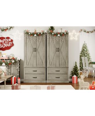 65" Tall Kitchen Pantry Cabinet, Kitchen Cabinet with 2 Drawers & Barn Doors, Farmhouse Storage Cabinet with particleboard