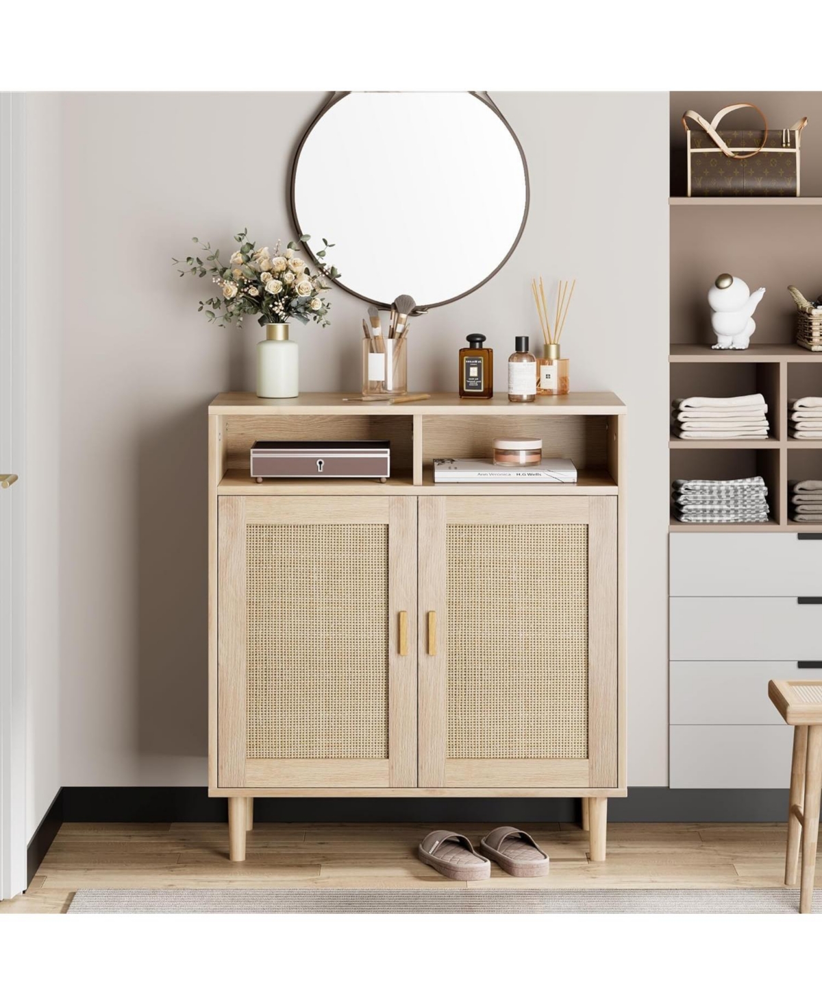 gaomon Sideboard Buffet Storage Cabinet, Rattan Kitchen Cabinet with 2 Doors/Shelf 2pcs