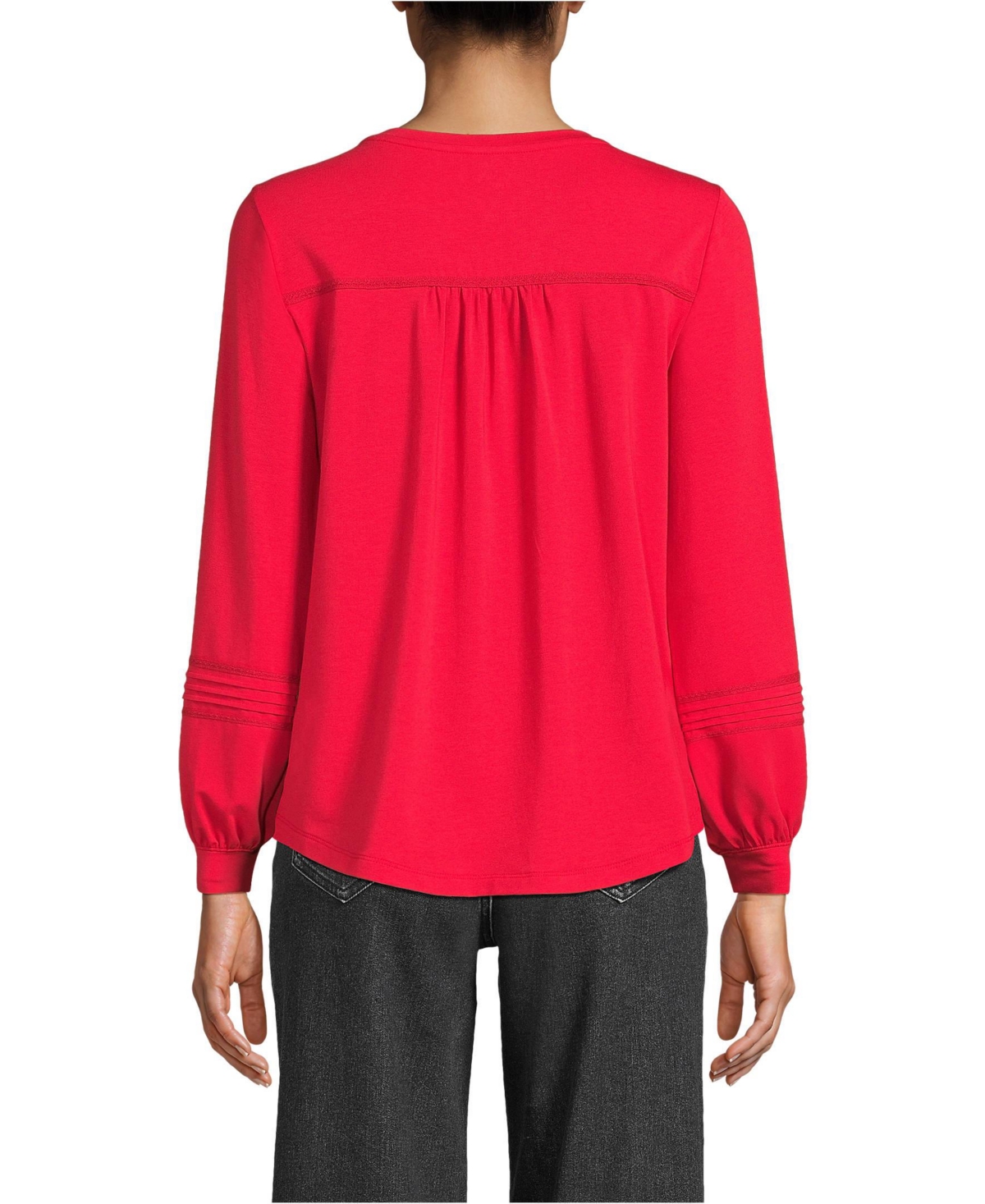 Lands' End Women's Long Sleeve Lightweight Jersey Pintuck Embroidery Top