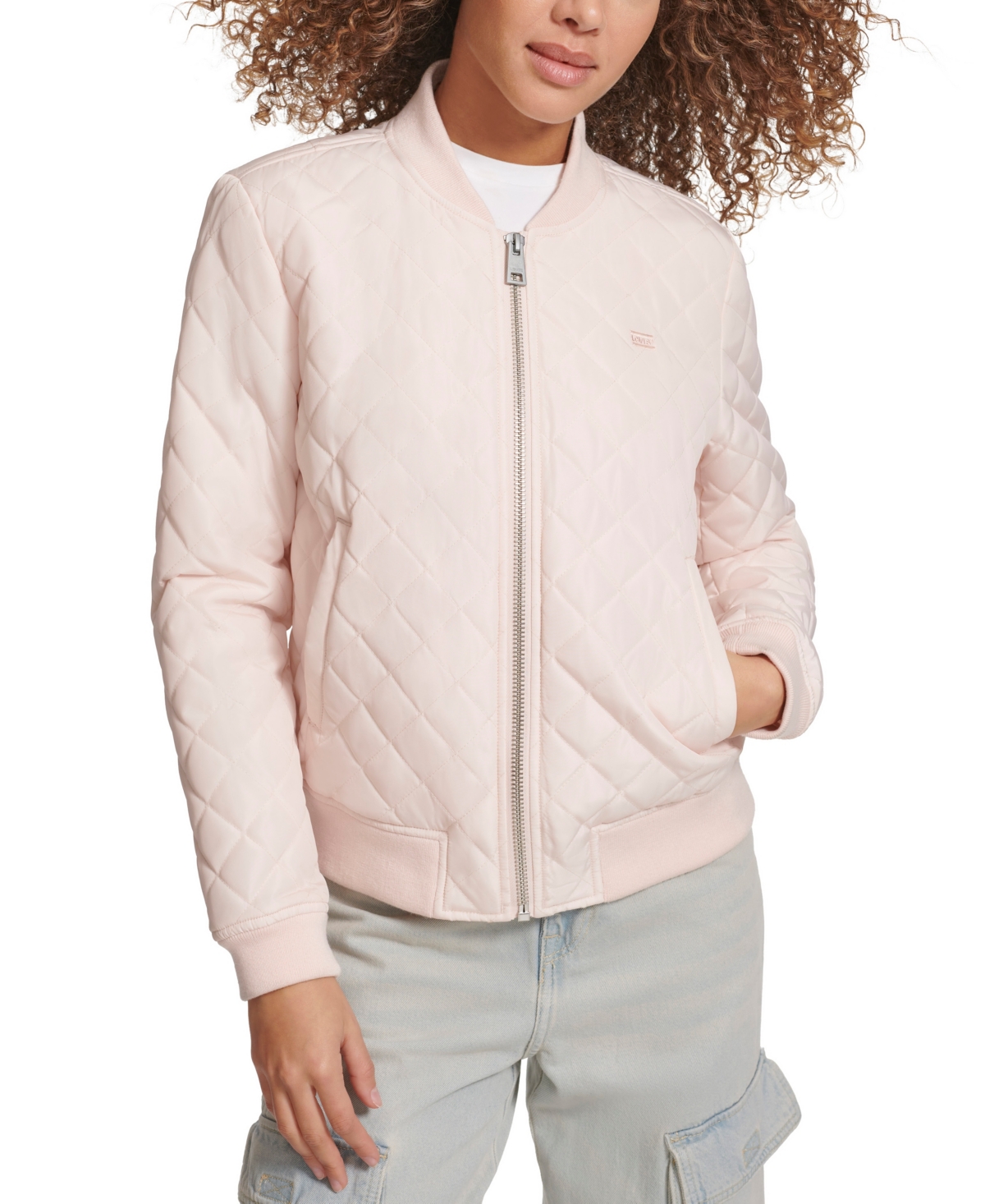 Women's Diamond Quilted Casual Bomber Jacket - Peach Blush