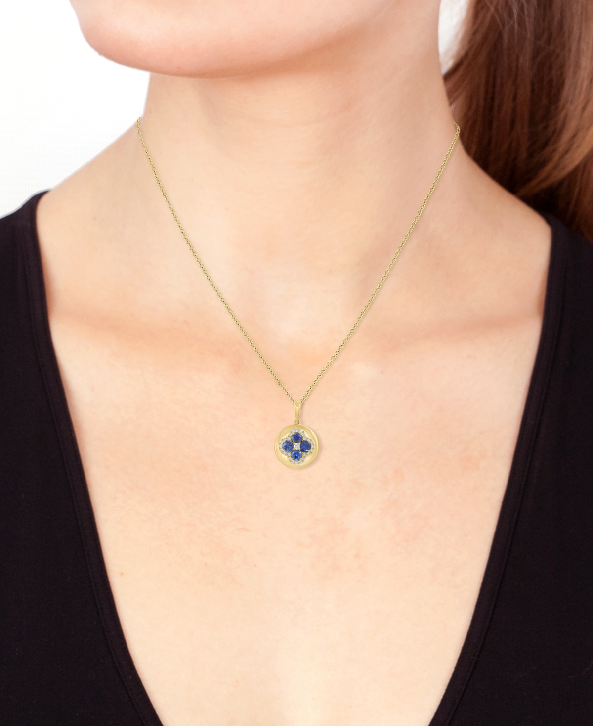 Shop Effy Collection Effy Blue Sapphire (5/8 Ct. T.w.) & Diamond (1/6 Ct. T.w.) Flower Disc 18" Pendant Necklace In 14k Y
