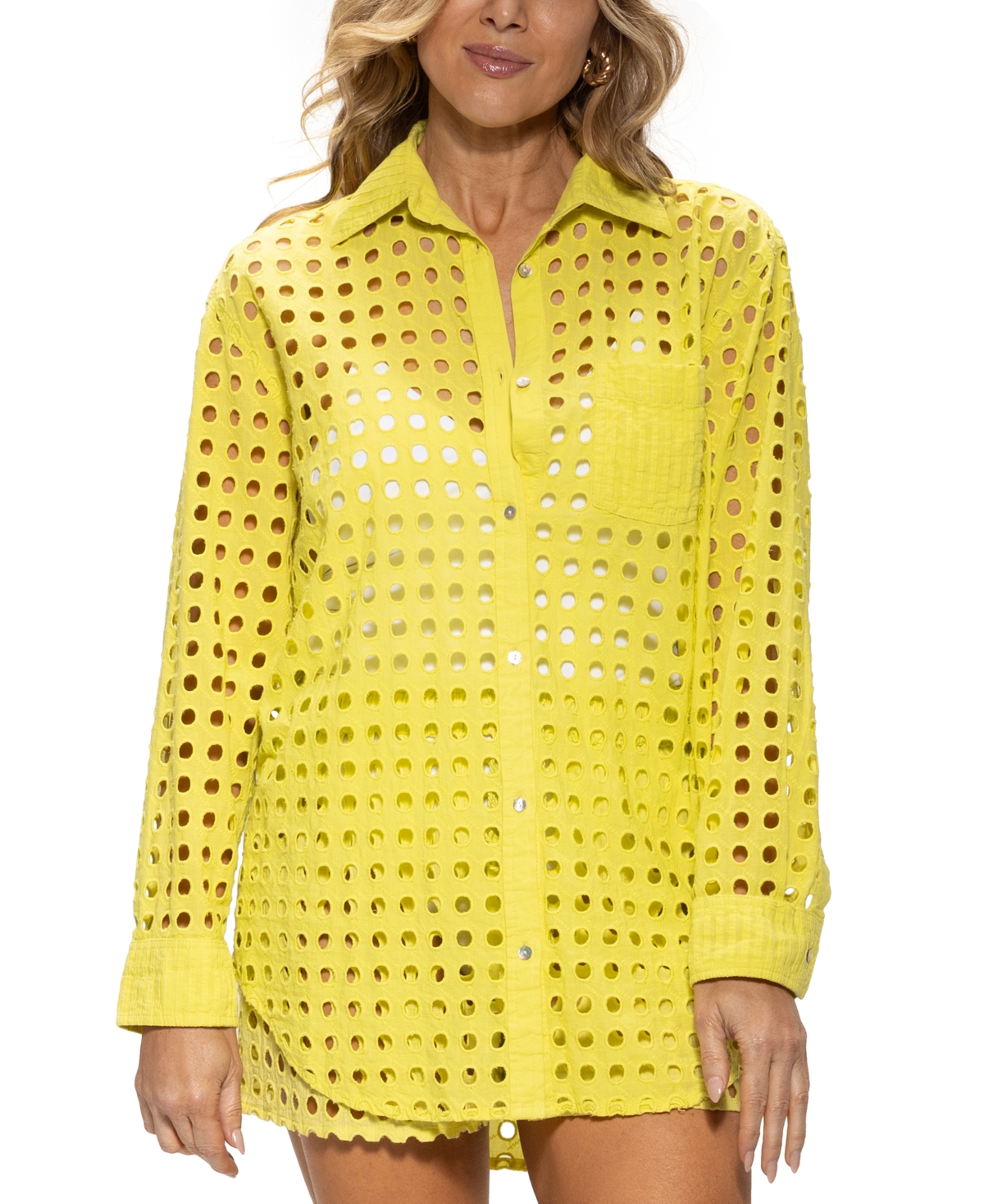 DOTTI WOMEN'S COTTON OPENWORK DOT COVER-UP BEACH SHIRT 
