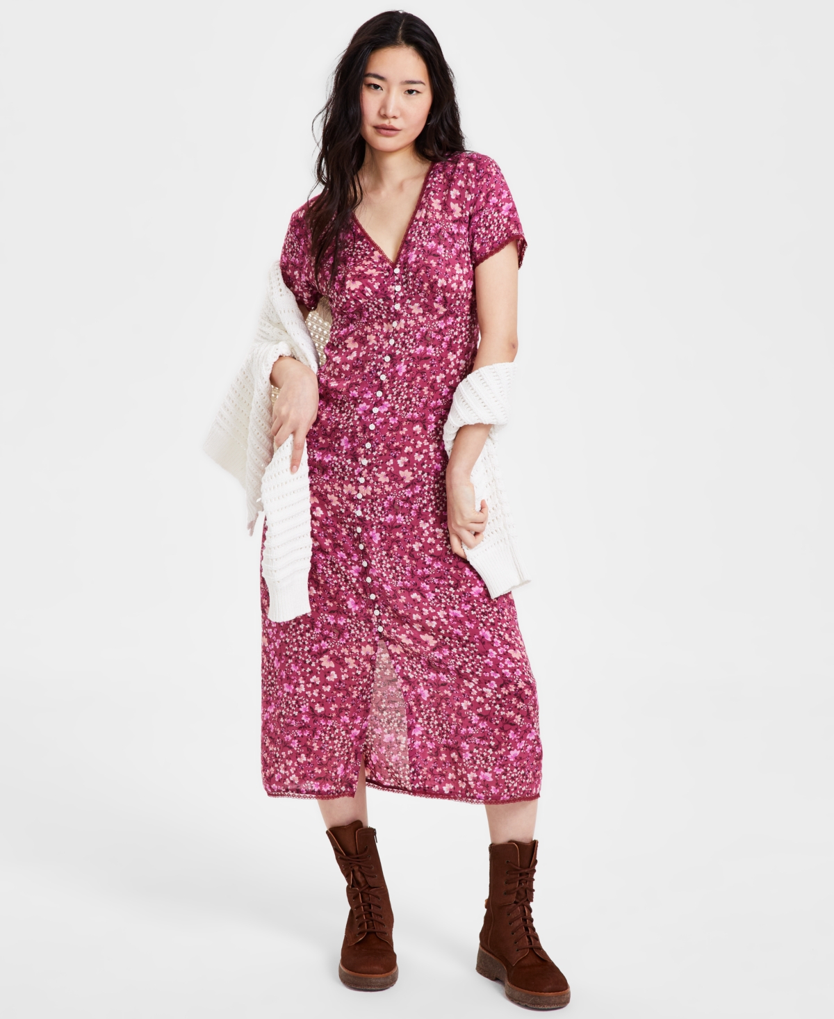 LUCKY BRAND WOMEN'S LACE-TRIM FLORAL MIDI DRESS 