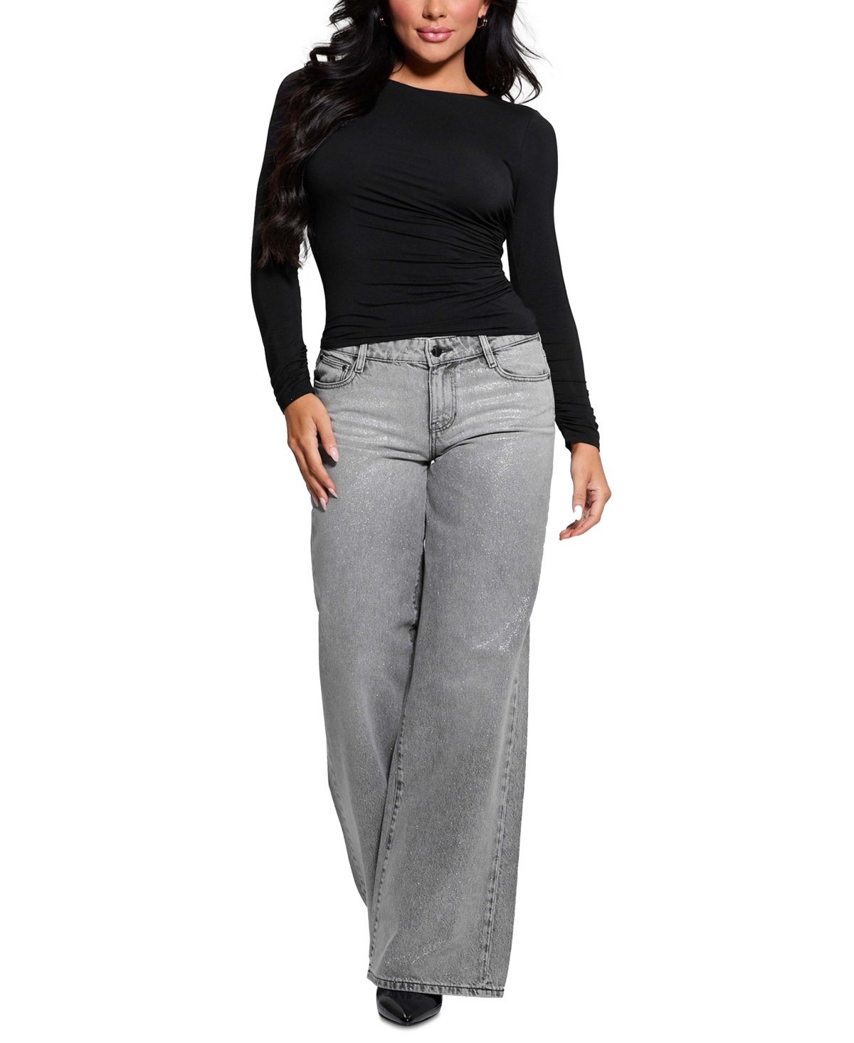 Guess Women's Long-Sleeve Shirred Top - JET BLACK A996