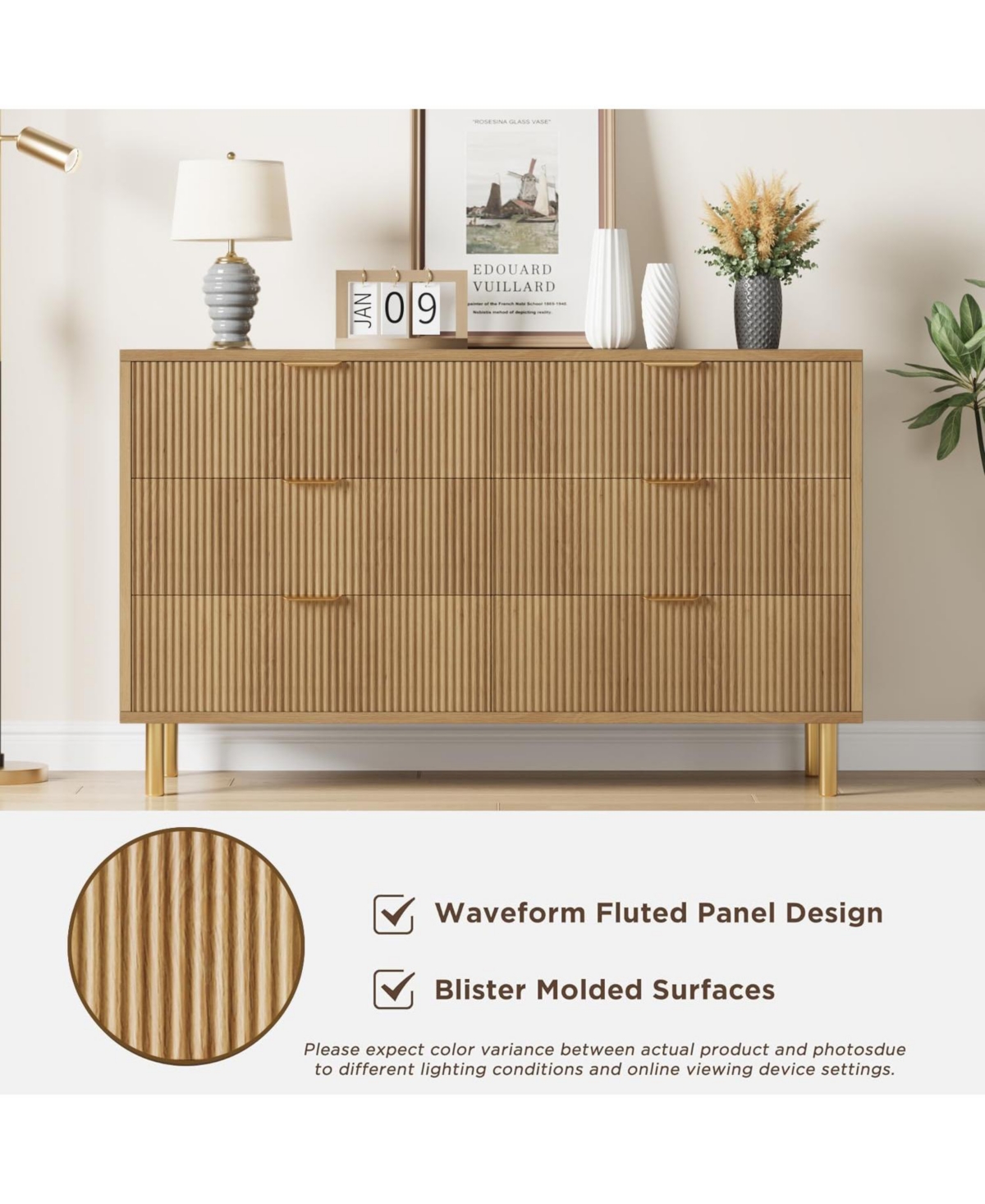 gaomon6 Drawer Dresser for Bedroom, 56” Wide Wood Dresser Organizer with Metal Legs - Brown