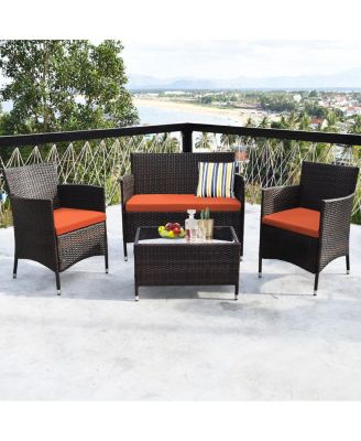 4 Pieces Comfortable Outdoor Rattan Sofa Set with Glass Coffee Table