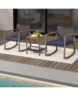 3 Pieces Rattan Rocking Bistro Set with Coffee Table and Cushions