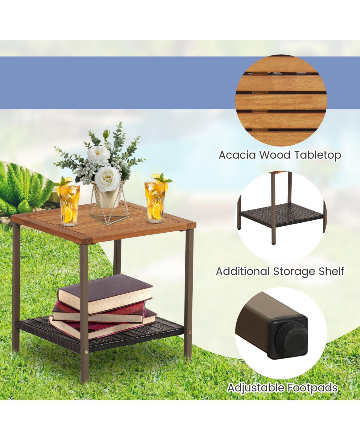 Sugift 3 Pieces Rattan Rocking Bistro Set with Coffee Table and Cushions