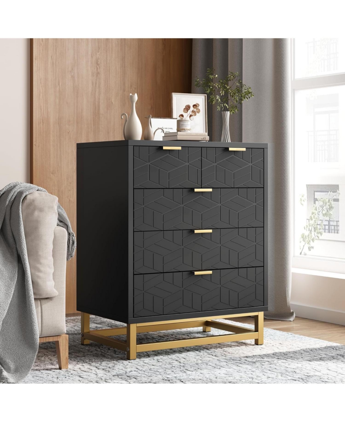 Dressers for Bedroom Drawer, Chest of Drawers with Metal Base, Modern Dresser Chest Cabinet Organizer,Black