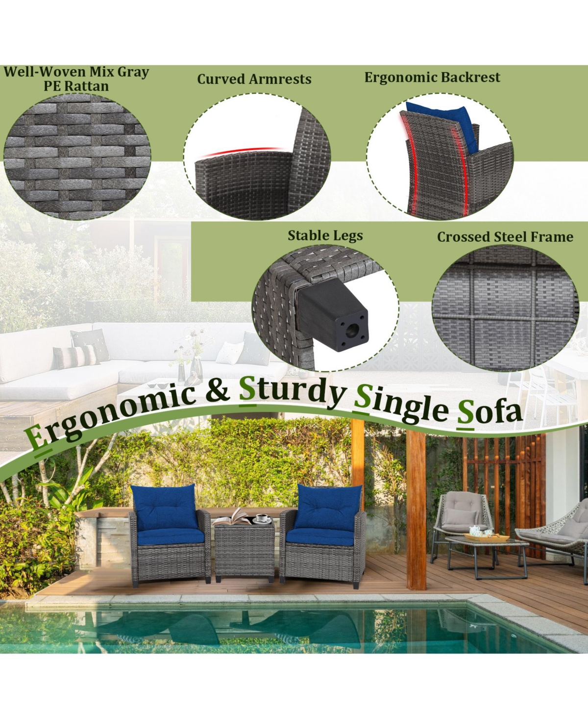 Sugift 3 Pieces Outdoor Wicker Conversation Set with Tempered Glass Tabletop
