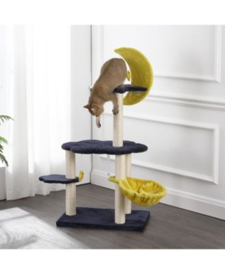 Aurora 49" 3-Tier Modern Sisal Moon And Stars Cat Tree with Scratching Posts, Basket, and Fuzzy Bell Toys, Navy/Yellow/White