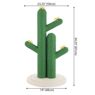 Socorro 34.25" Modern Jute Double-Cactus Cat Scratching Post with Flower Toys, Green/White