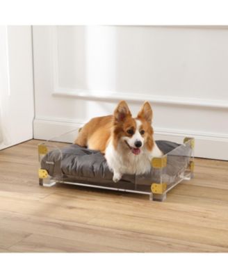 Haines 21.5" x 15.25" Small/Medium Modern Acrylic Velvet Pet Bed with Washable Cushion, Dark Gray/Clear