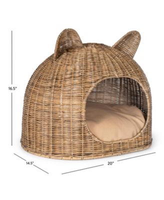 Cat Ear 20" x 14.5" Coastal Handwoven Rattan Pet Bed with Machine-Washable Cushion