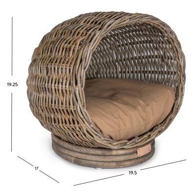 Socket Dome 19.5" x 17" Bohemian Handwoven Rattan Pet Bed with Machine-Washable Cushion, Kubu Gray