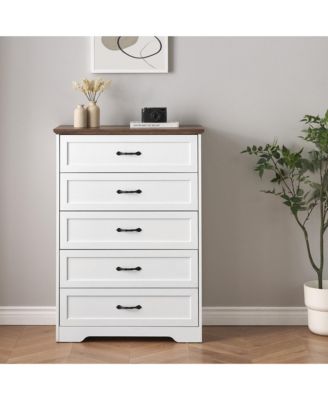 Modern 5 Drawers Dresser, Chest of Drawers Closet Organizers and Storage Clothes, Modern Dressers(White and Brown)