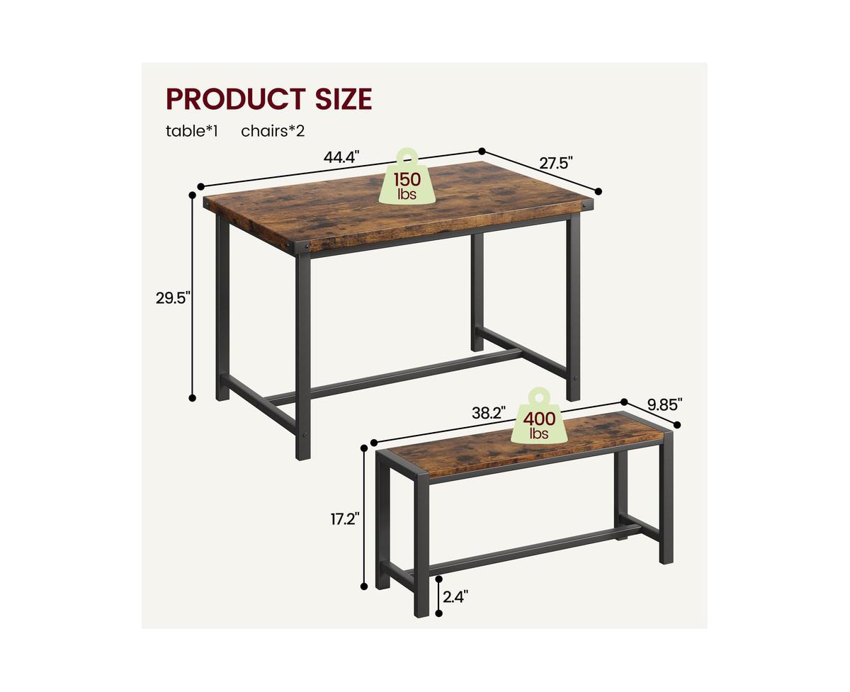 gaomon Dining Table Set for 4, Kitchen Table with 2 Metal Wood Benches, Rectangular Room Dining Table Set, 3 Piece Farmhouse Kitchen Table Set for Sma