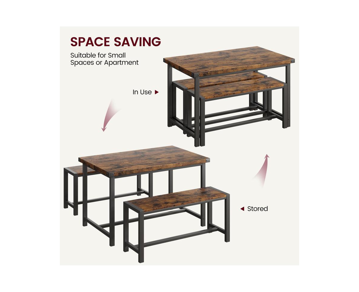gaomon Dining Table Set for 4, Kitchen Table with 2 Metal Wood Benches, Rectangular Room Dining Table Set, 3 Piece Farmhouse Kitchen Table Set for Sma
