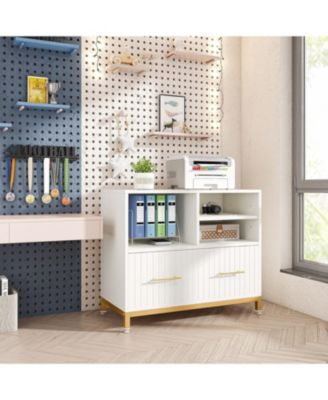 Lateral File Cabinet with Drawer Adjustable Hanging Rod for Letter A4 Files 35.4-Inch Wood Modern Printer Stand with Open Storage