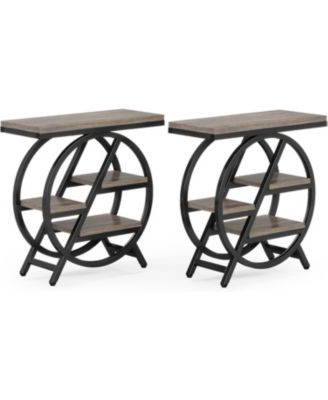 End Table Set of 2, 3-Tier Narrow End & Side Table with Storage and with Geometric Metal Frame, Industrial Nightstand and Bedside Table