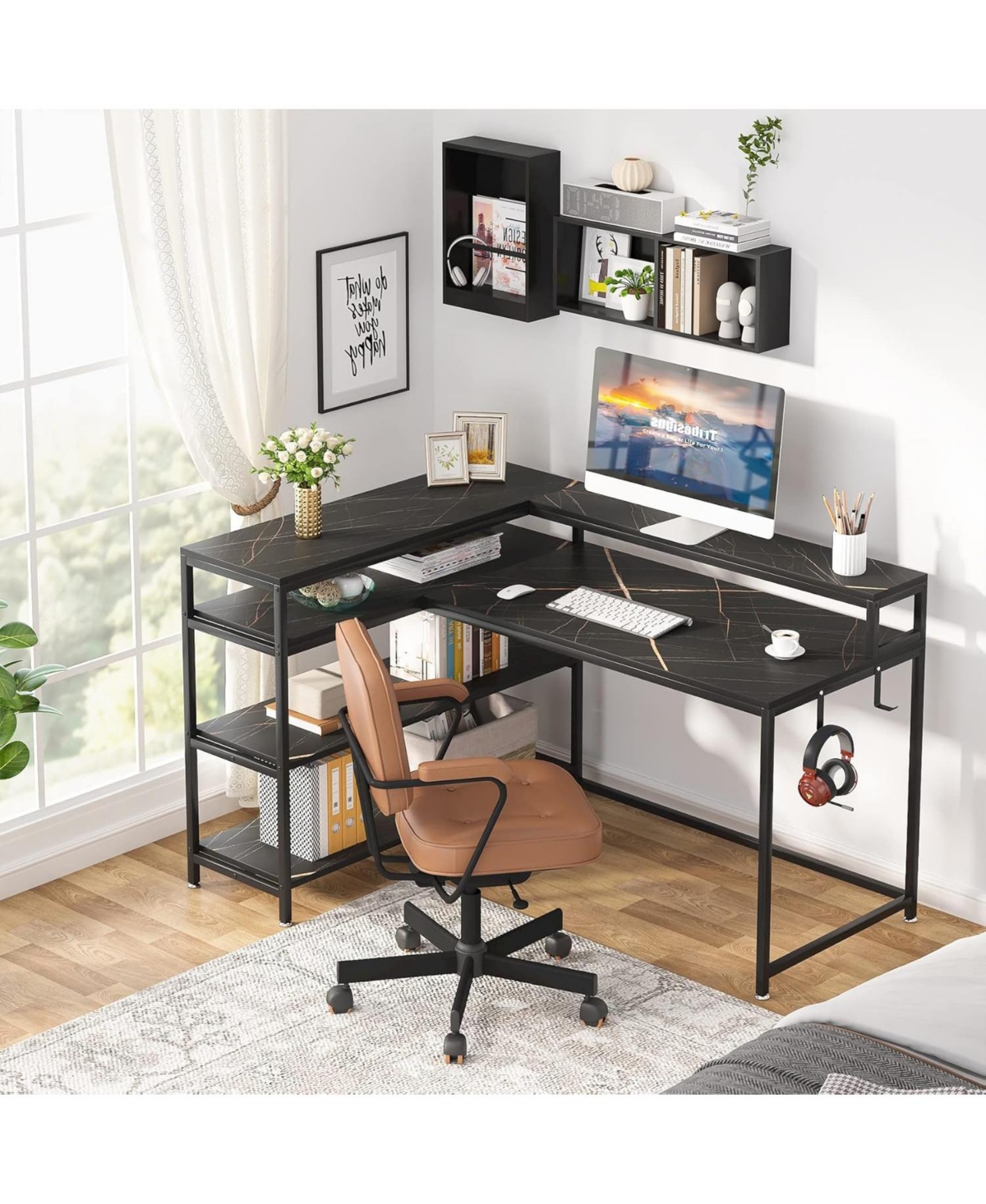 Tribesigns 53 Inch Reversible Shaped Desk with Storage Shelf,Shelves and Monitor Stand, Gaming Desk for Home Office