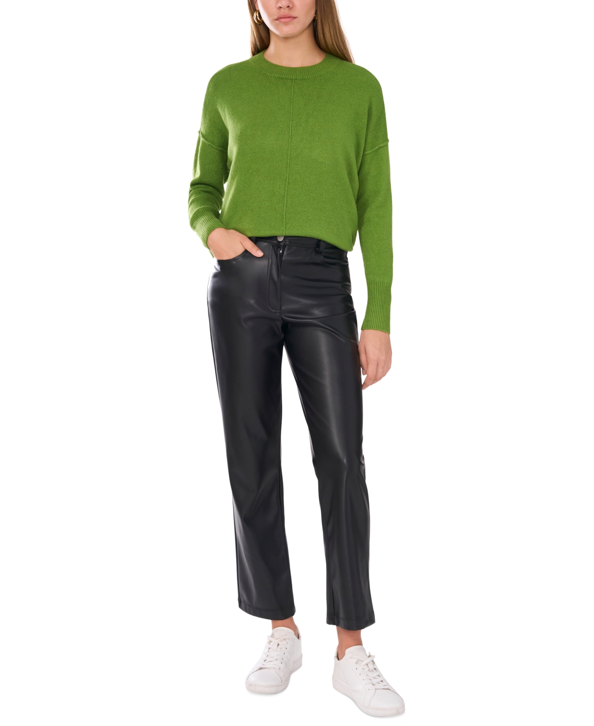 Vince Camuto Womens Ribbed Trim Acrylic Crewneck Sweater In Green