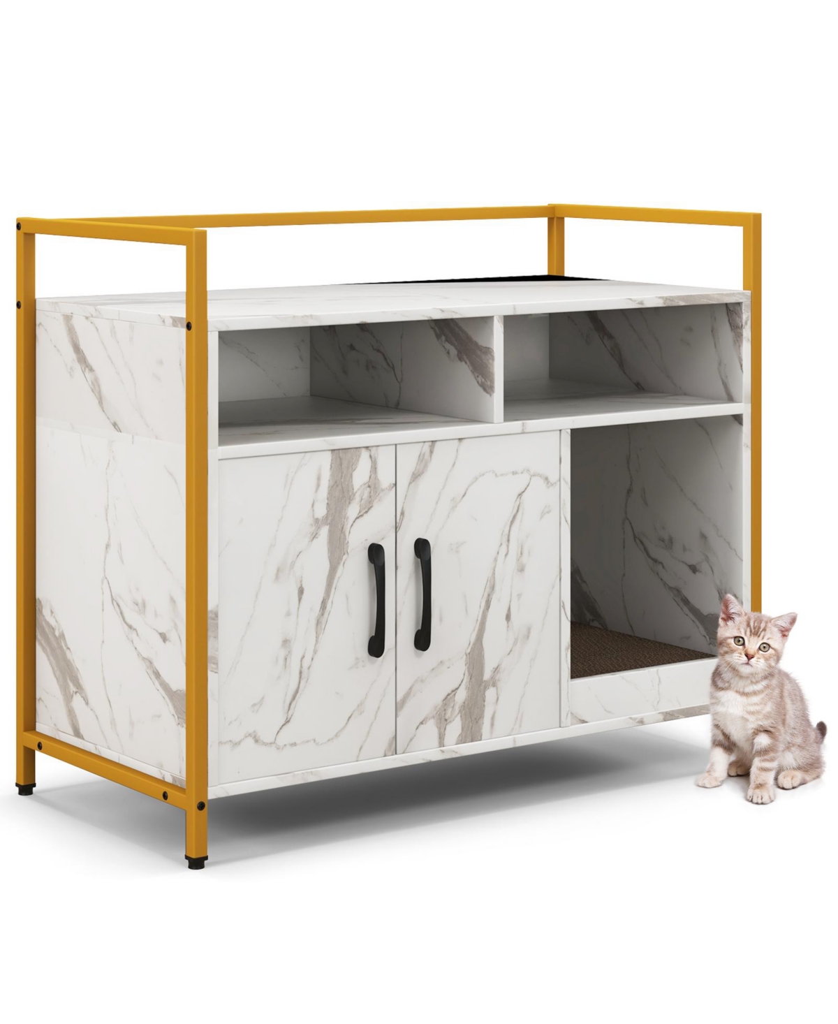 Hidden Cat Washroom with Double Doors and Scratch Cardboard-White - White